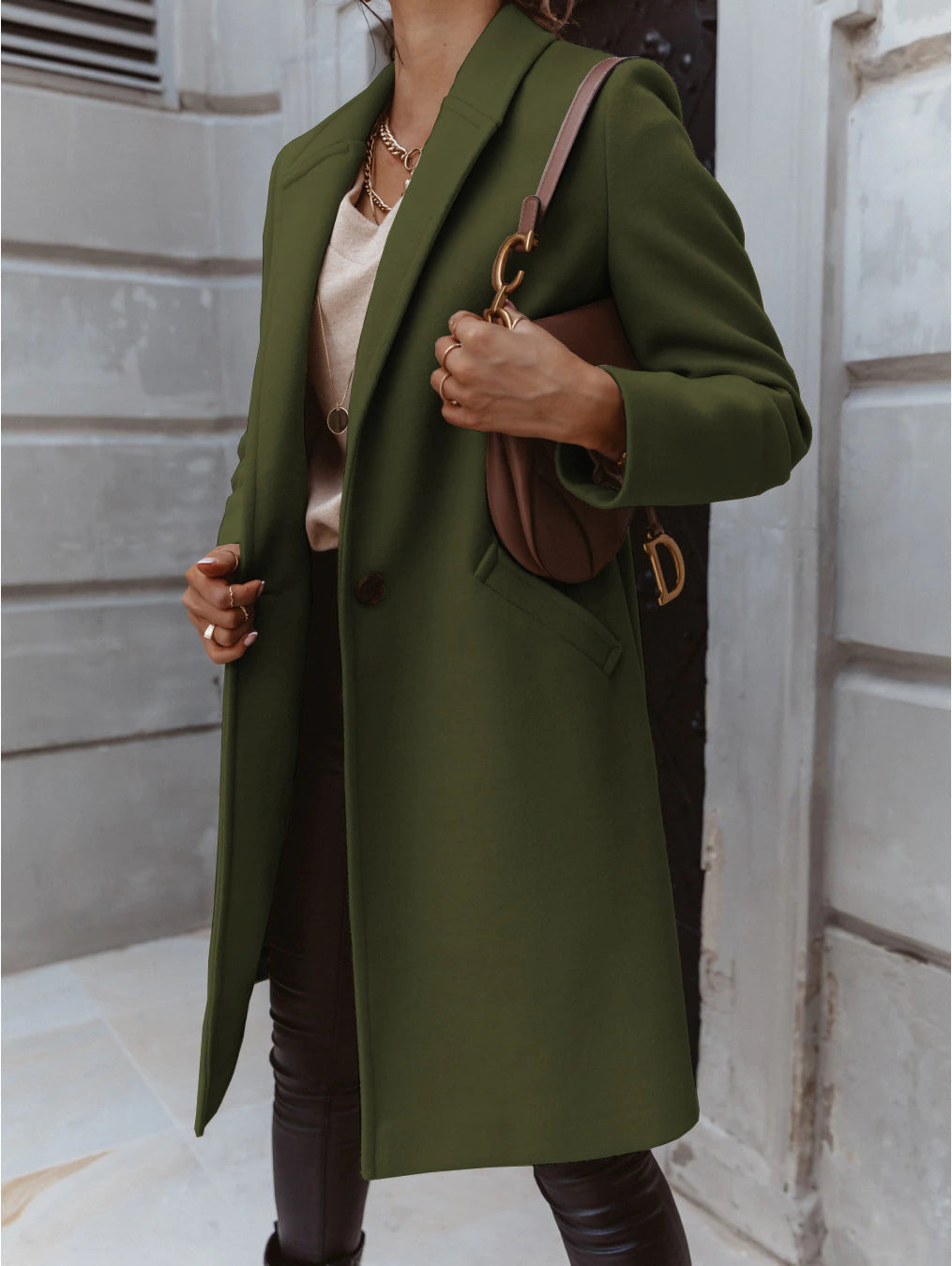 Women’s Knee-Length Coat | Notch Lapel & Single Button Closure | Durable Polyester | Autumn Winter Wear
