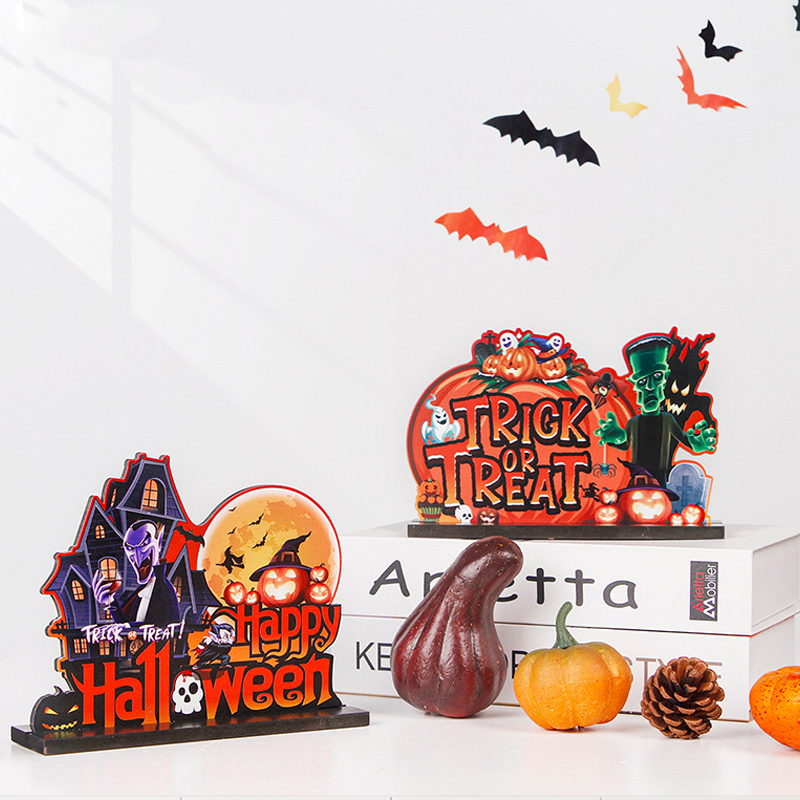 Halloween Wooden Table Decoration with Pumpkin and Spooky Motifs