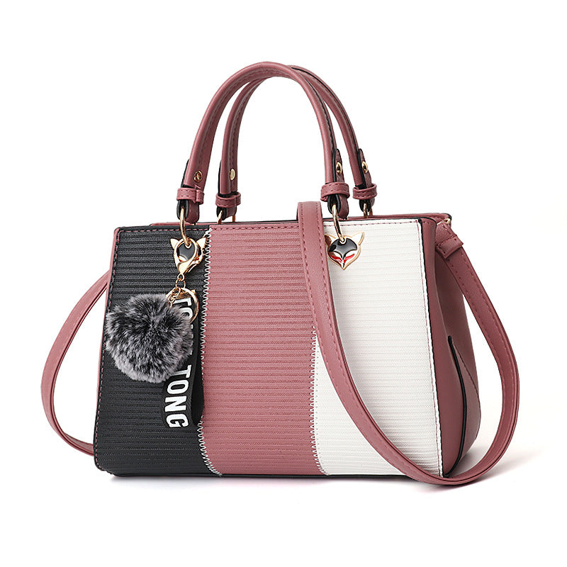 Women's Handbag | Patchwork Design & Hairball Embellishments | Durable Fabric | Spacious Interior with Dual Carry Options