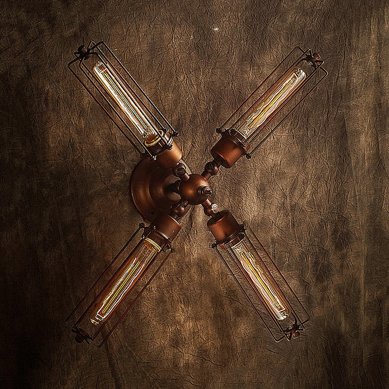 1/2/4-Light Industrial Bronze Wrought Iron Tube Shape Cage Wall Sconce Lighting for Dining Table