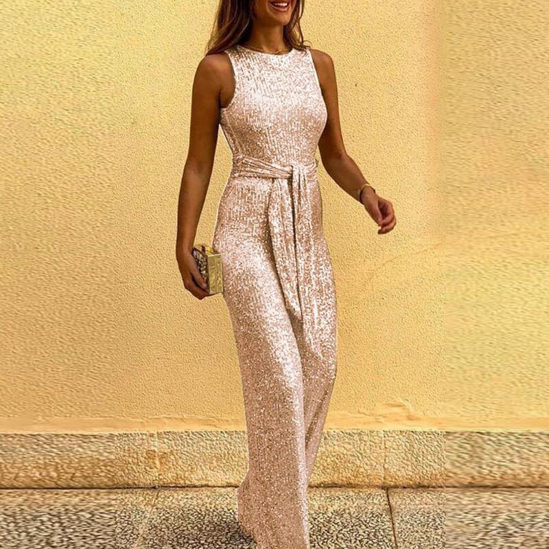 Women’s Sequin Jumpsuit | Sleeveless with Waist Belt | Nylon Fabric | Formal Eveningwear