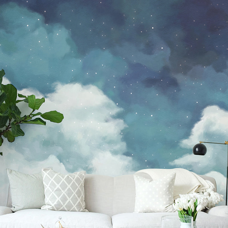 Fresh Wall Art for Living Room, Pastel Blue and White Cloudy Sky and Star, Made to Measure - Modern Landscape Design, Stain Resistant, Available in Various Sizes and Formats.
