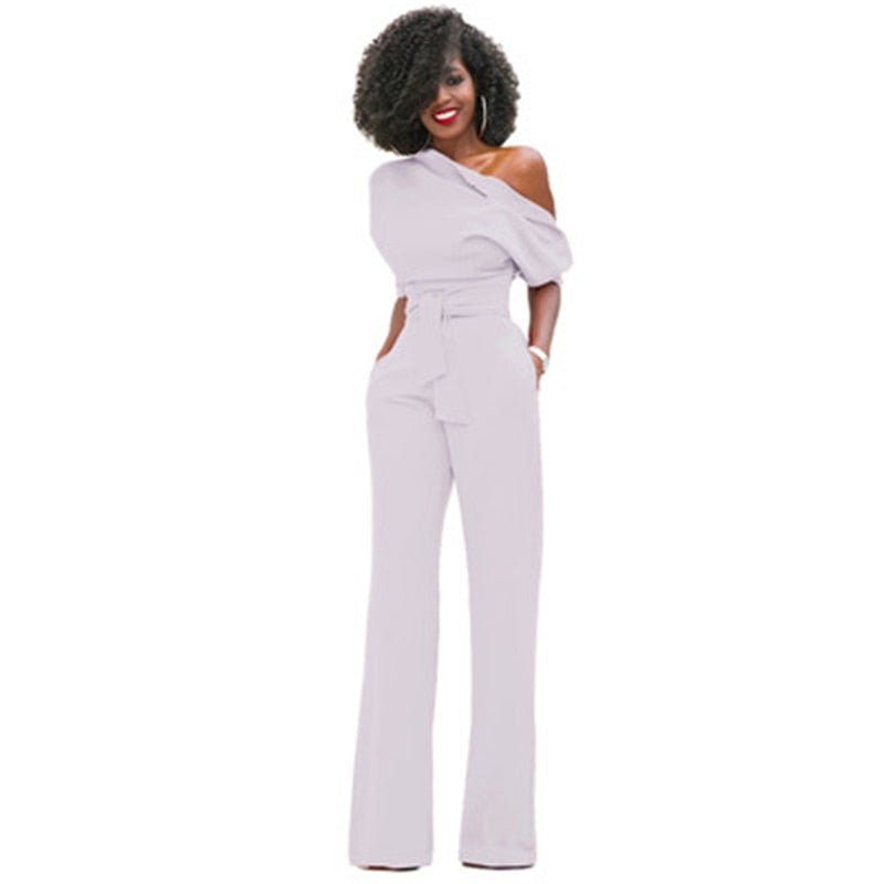 Women’s One-Shoulder Belted Wide-Leg Jumpsuit | Acrylic Fabric | Waist Tie Belt | Comfortable Fit