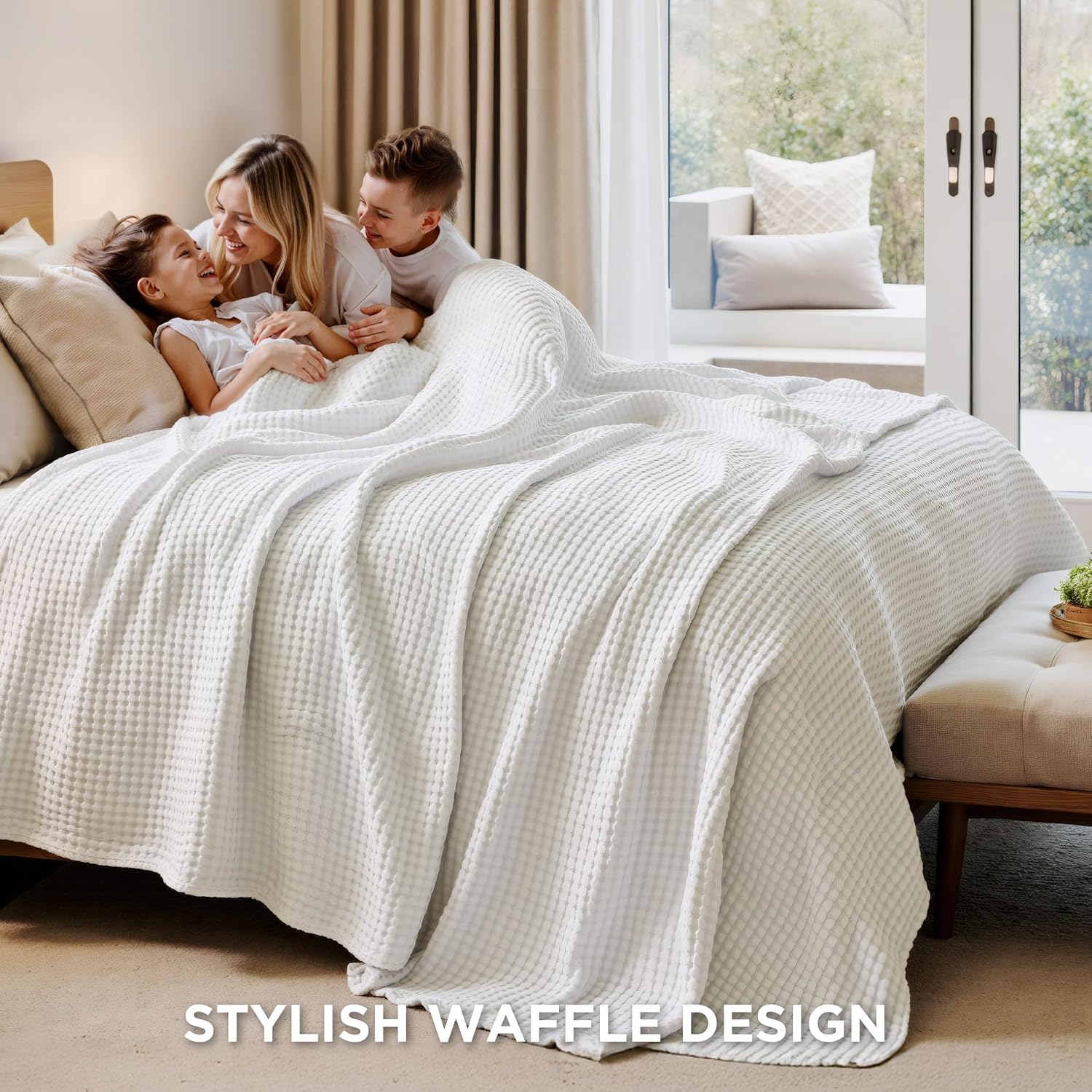 Lightweight Cotton and Bamboo Cooling Waffle Blanket - Queen Size Summer Throw