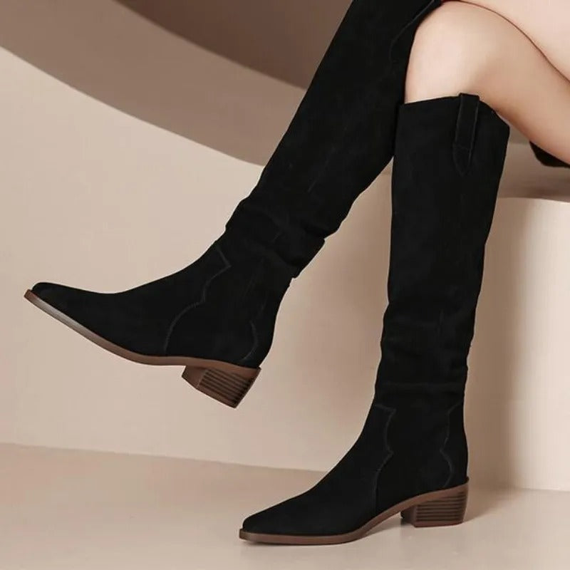 Women’s Knee-High Boots | Vintage Suede with Ruffle Details | Block Heel & Almond Toe | Comfortable Fit