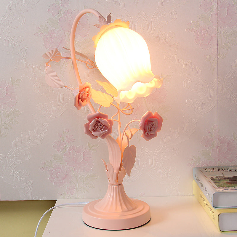 Scalloped Opal Glass Table Light Romantic Pastoral 1 Head Bedroom Night Lamp with Rose in Pink/Blue/White White Clearhalo 'Lamps' 'Table Lamps' Lighting' 922686