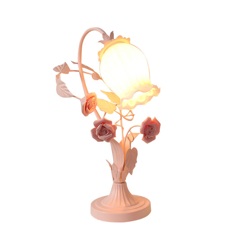 Scalloped Taavita Glass Table Light Romantic Pastoral 1 Head Night Lamp for Bedroom with Rose in Pink/Blue/White