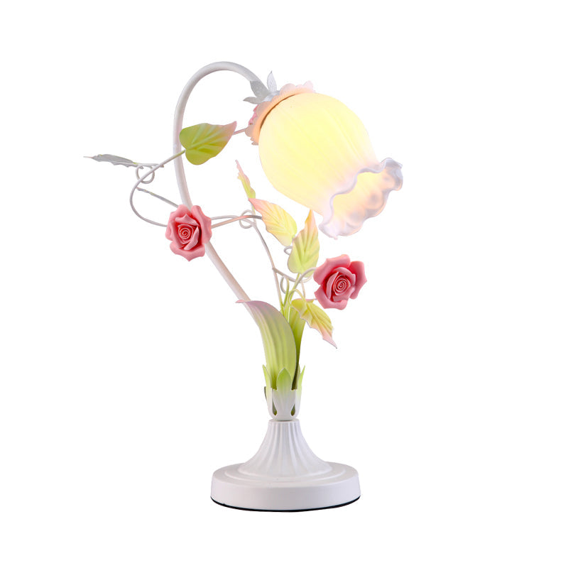 Scalloped Taavita Glass Table Light Romantic Pastoral 1 Head Night Lamp for Bedroom with Rose in Pink/Blue/White
