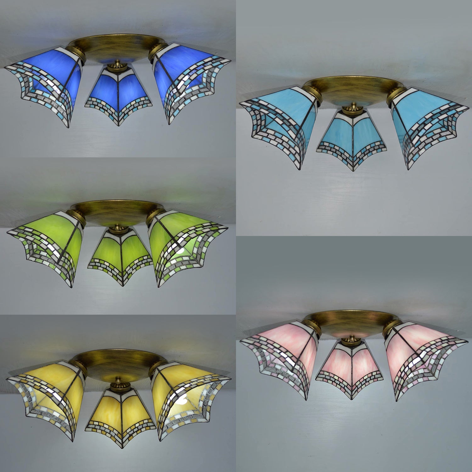 3 Heads Geometric Vintage Stained Glass Flushmount Light, Flush Mount Ceiling Light in Yellow/Sky Blue/Pink/Green/Dark Blue for Bedroom by Taavita