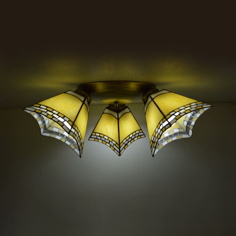 3 Heads Geometric Vintage Stained Glass Flushmount Light, Flush Mount Ceiling Light in Yellow/Sky Blue/Pink/Green/Dark Blue for Bedroom by Taavita
