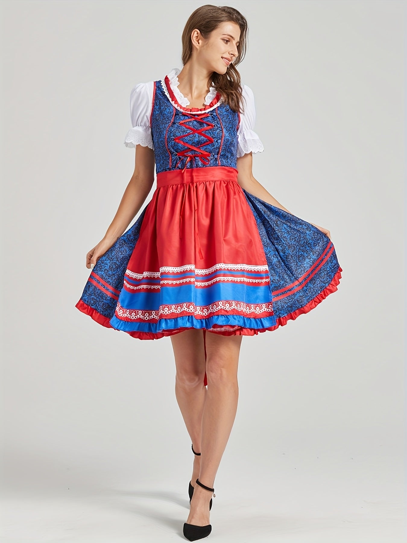 Women's Bavarian Oktoberfest Dress with Lace Blouse and Red Apron