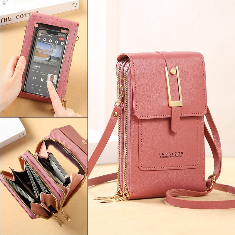 Women's Smartphone Clutch | Transparent Touchscreen Window | Leather-Look with Card Holder | Adjustable Crossbody Strap