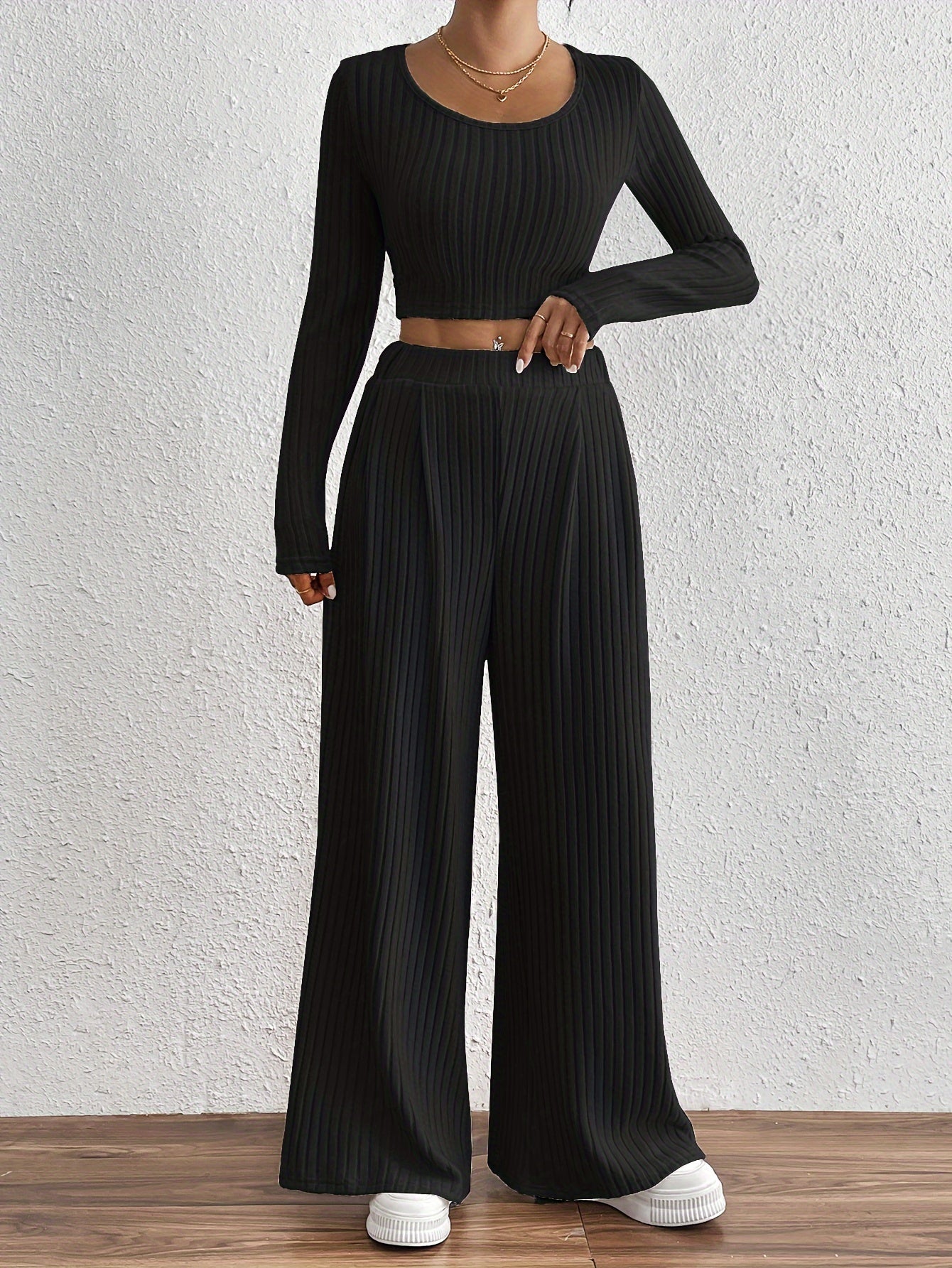 Ribbed Crew Neck Top | Long Sleeve | Stylish Fall Winter Wear | Polyester