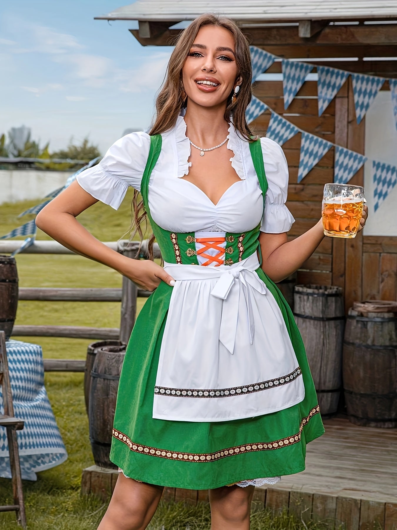 Women's Oktoberfest Dirndl Dress Set with Lace-Up Bodice and Apron