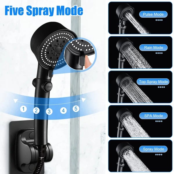 5 Spray Modes High-Pressure Showerhead with Self-Cleaning Feature