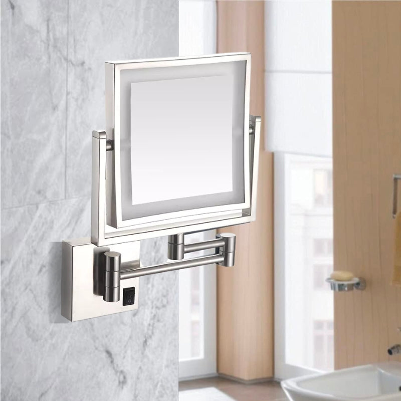 Matte Silver Adjustable LED Square Magnifying Makeup and Bathroom Mirror