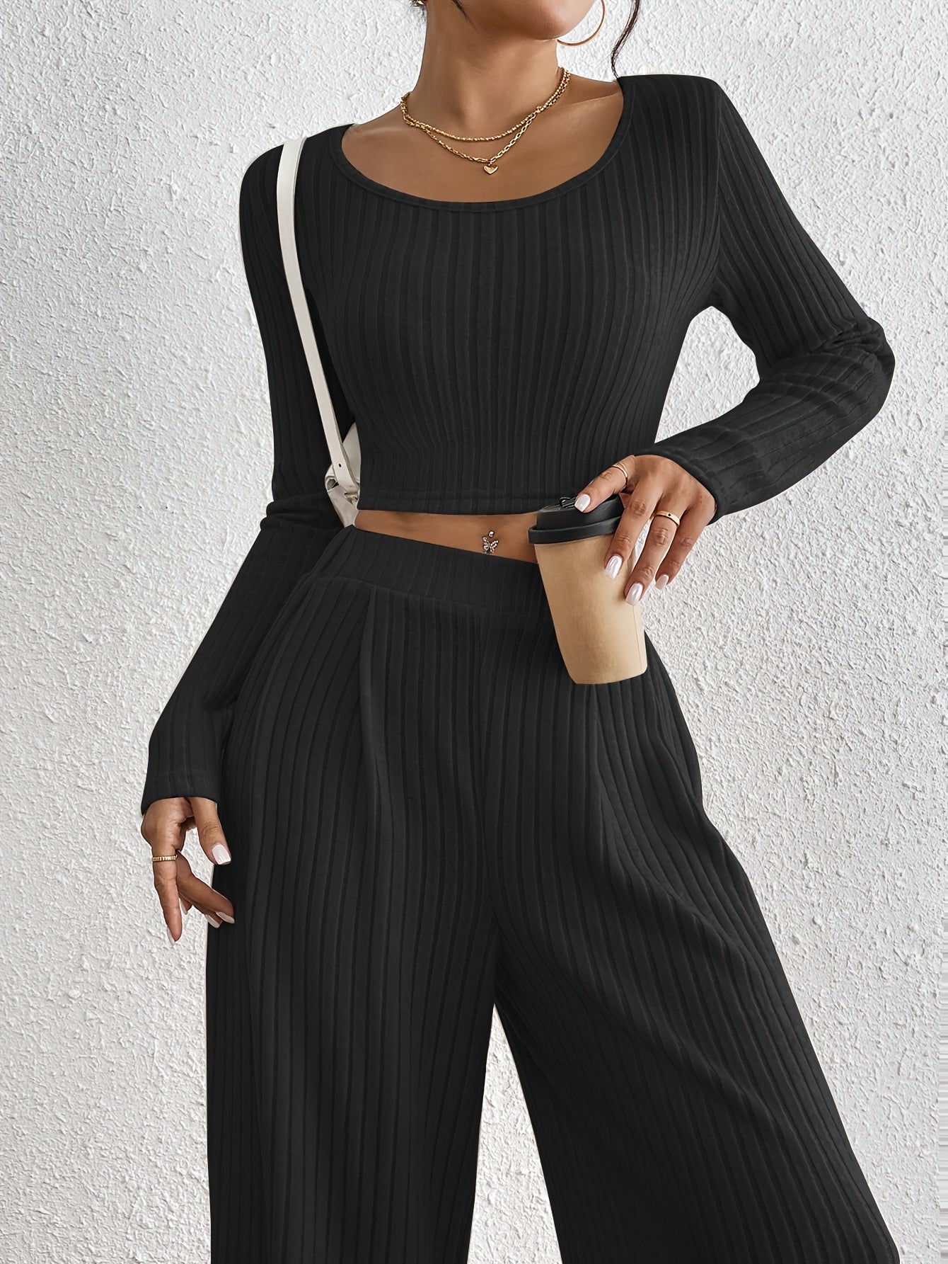 Ribbed Crew Neck Top | Long Sleeve | Stylish Fall Winter Wear | Polyester