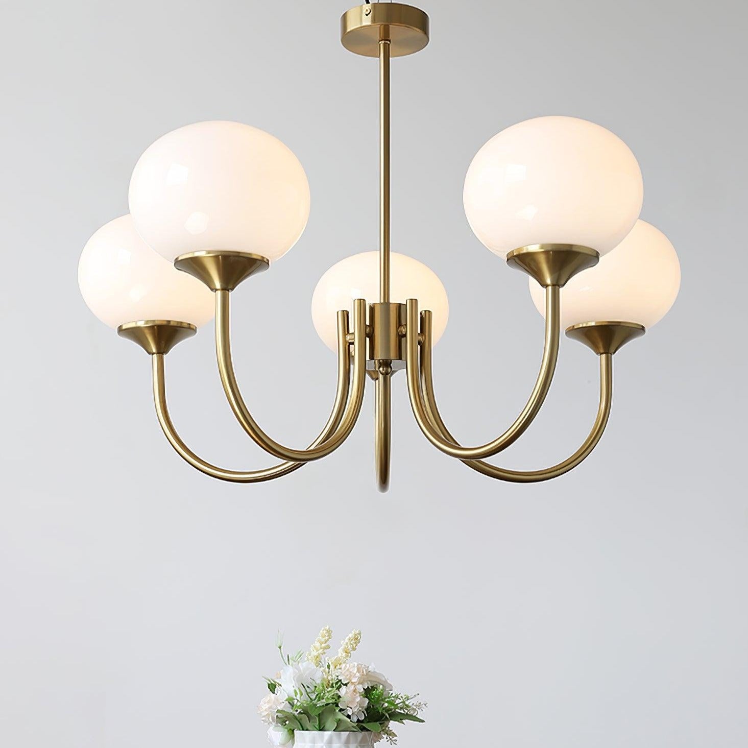 Ceiling Chandelier | Five-Arm with Glass Globe Shades | Adjustable Suspension Rods | Elegant Home Lighting