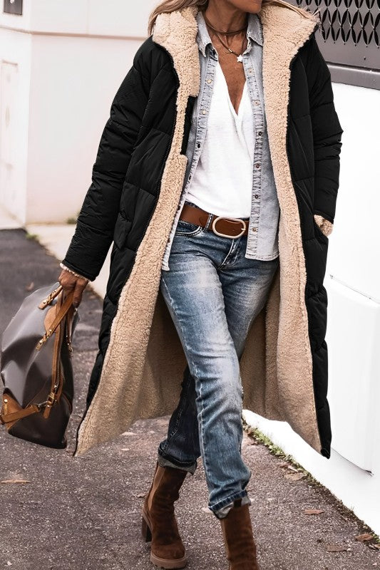 Women’s Long Winter Coat | Teddy Lining & Quilted Design | Reversible Style | Comfortable Warmth