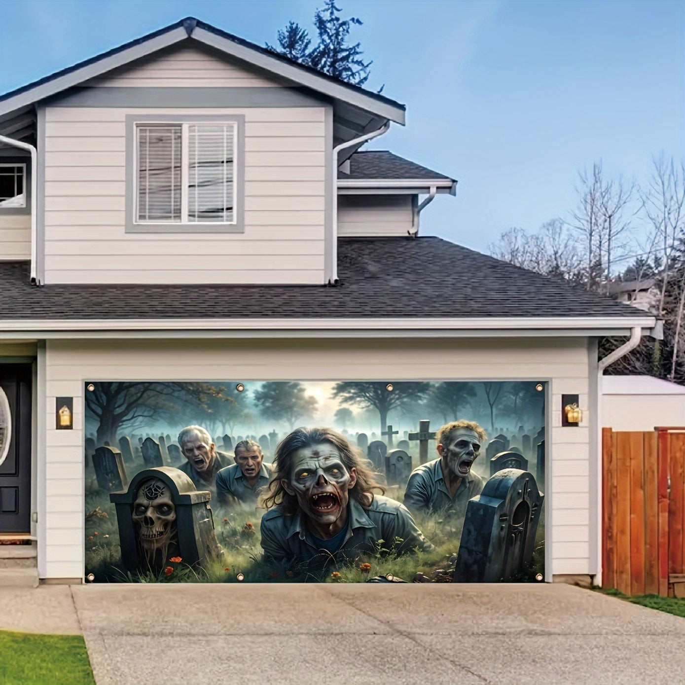 Large Halloween Zombie Graveyard Garage Door Banner Fade-Resistant Polyester