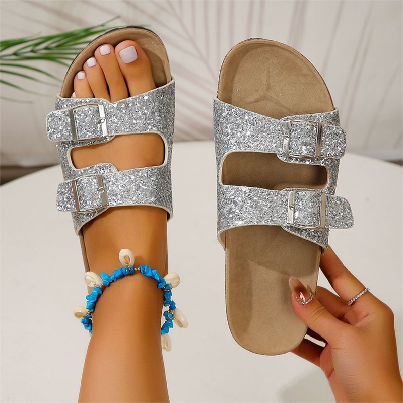 Women’s Two-Strap Buckle Sandals | Sparkling Design | Rubber Sole & PU Interior | Comfortable Fit