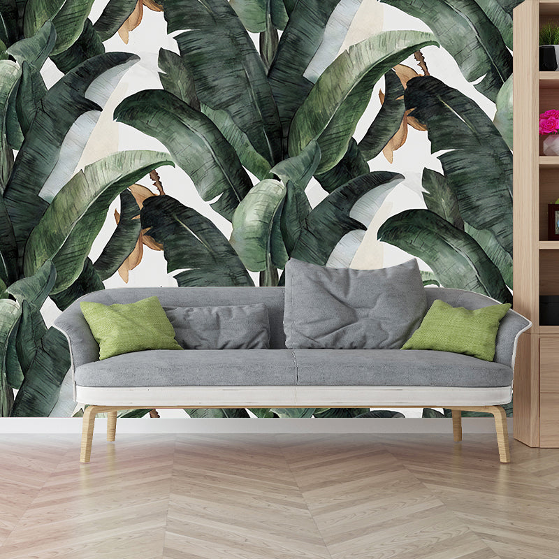 Custom Banana Leaf Wallpaper for Living Room Decoration, Green and White