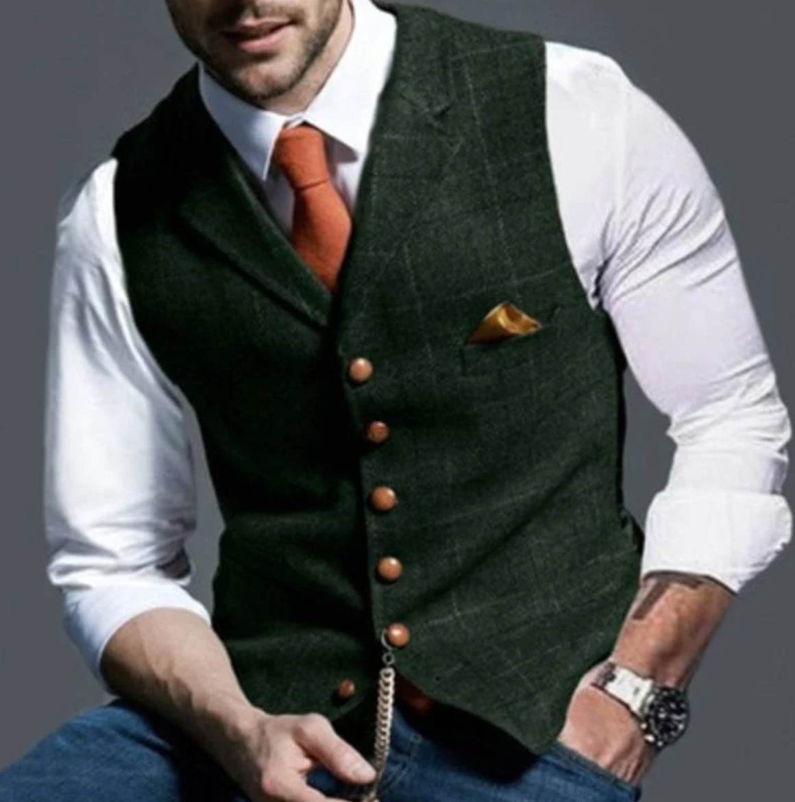 Men’s Vest | Vintage Style with Pocket Watch Chain | Textured Woven Fabric | Timeless Sophistication
