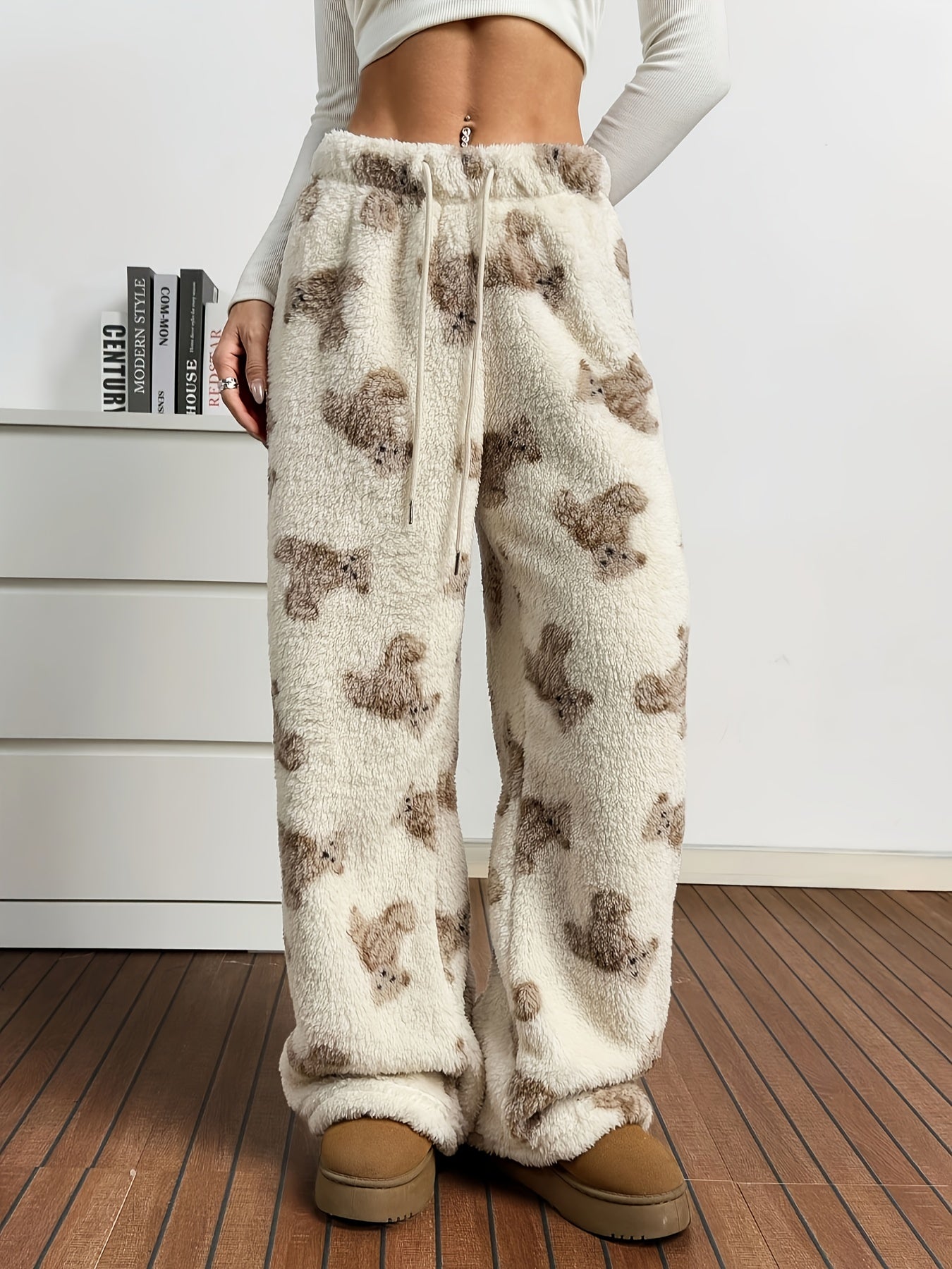 Fleece-Lined Wide-Leg Pants | Animal Print | Warm and Comfortable | Polyester