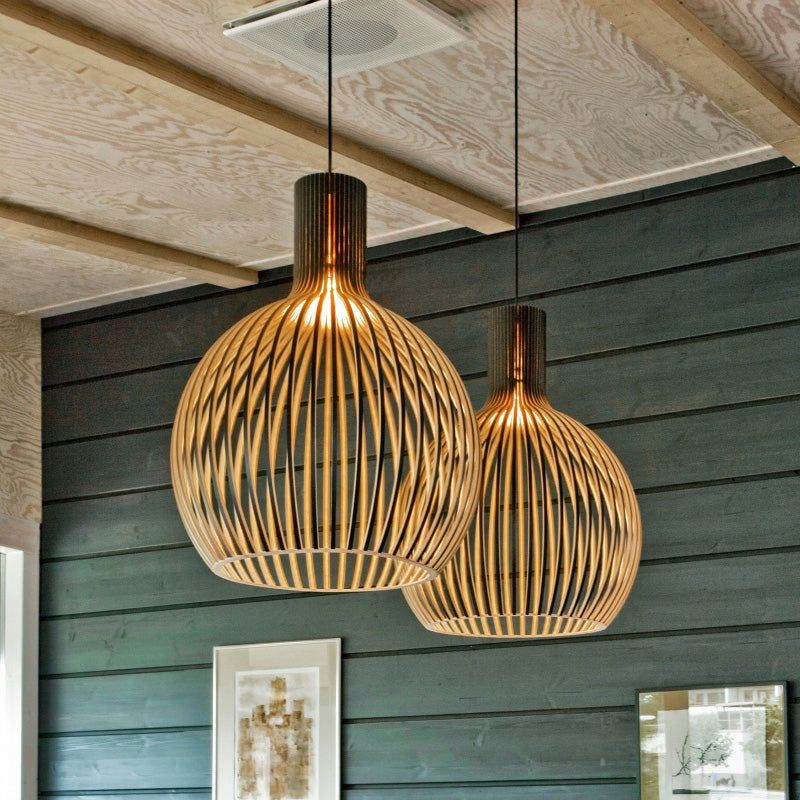 Handcrafted Wooden Pendant Light | Sustainable Wood Sphere Design | Adjustable Hanging Height | Warm Ambient Glow