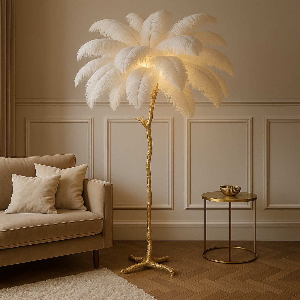 Ostrich Feather Floor Lamp | Elegant Feather Shade | Resin & Brass Materials | Soft Ambient Lighting