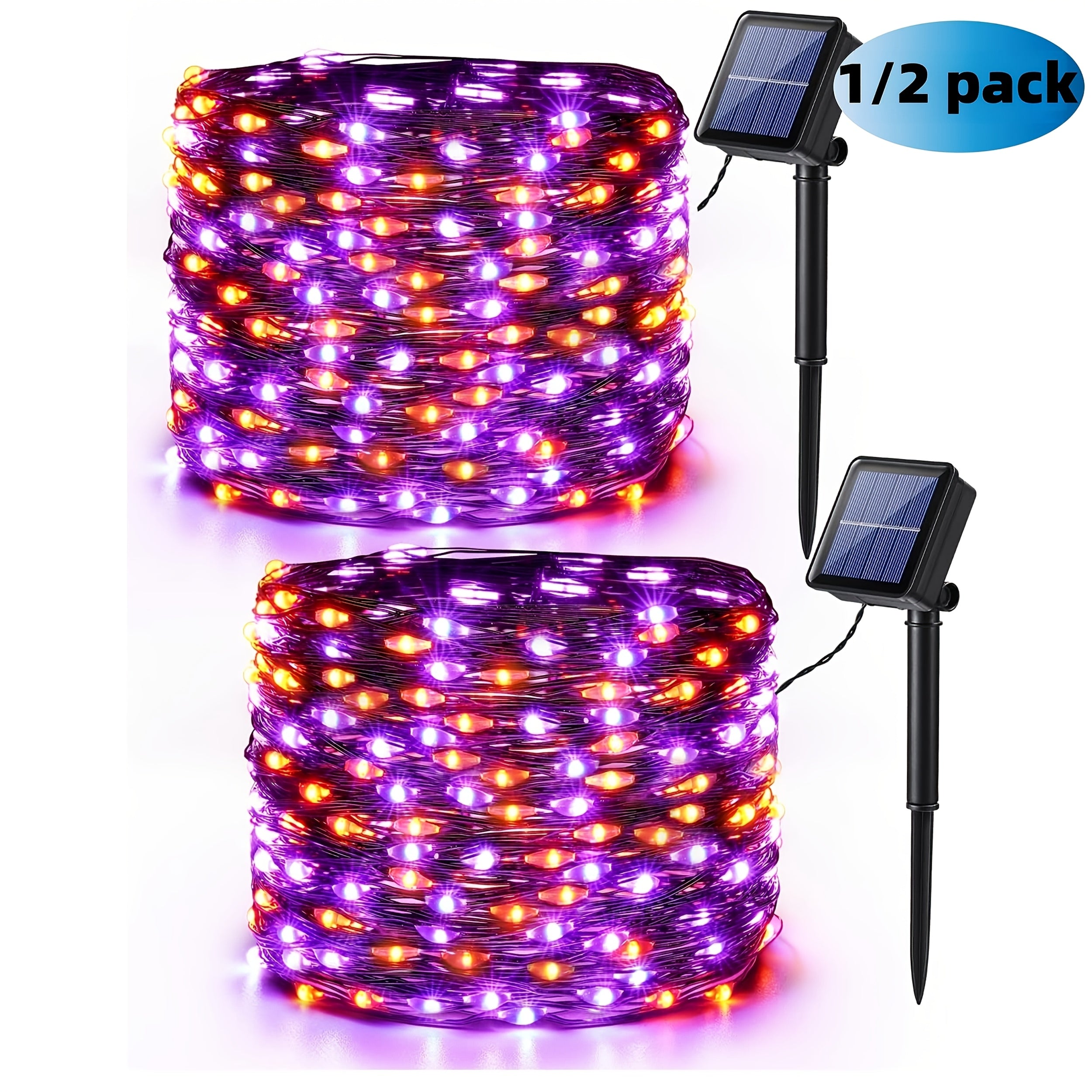 Solar-Powered Halloween String Lights Orange and Purple 8 Flash Modes