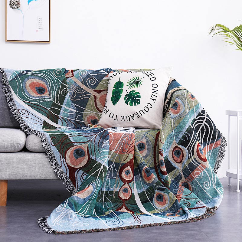 Reversible Peacock Print Blanket with Fringes