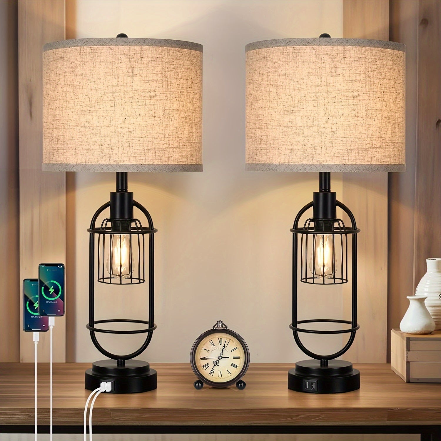 Rustic Charm Table Lamps Duo - 29" Tall with USB Charging