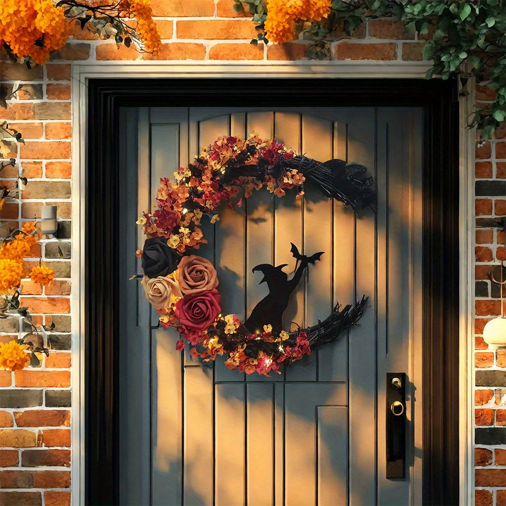 Gothic Halloween Door Wreath with Witch Cat Moon and Autumn Leaves