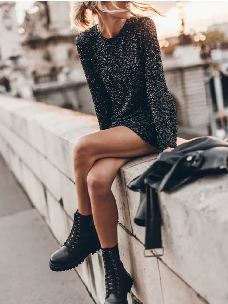 Women’s Mini Dress | Sequin Embellished & Open Back | Long Sleeve | Elegant Party Wear