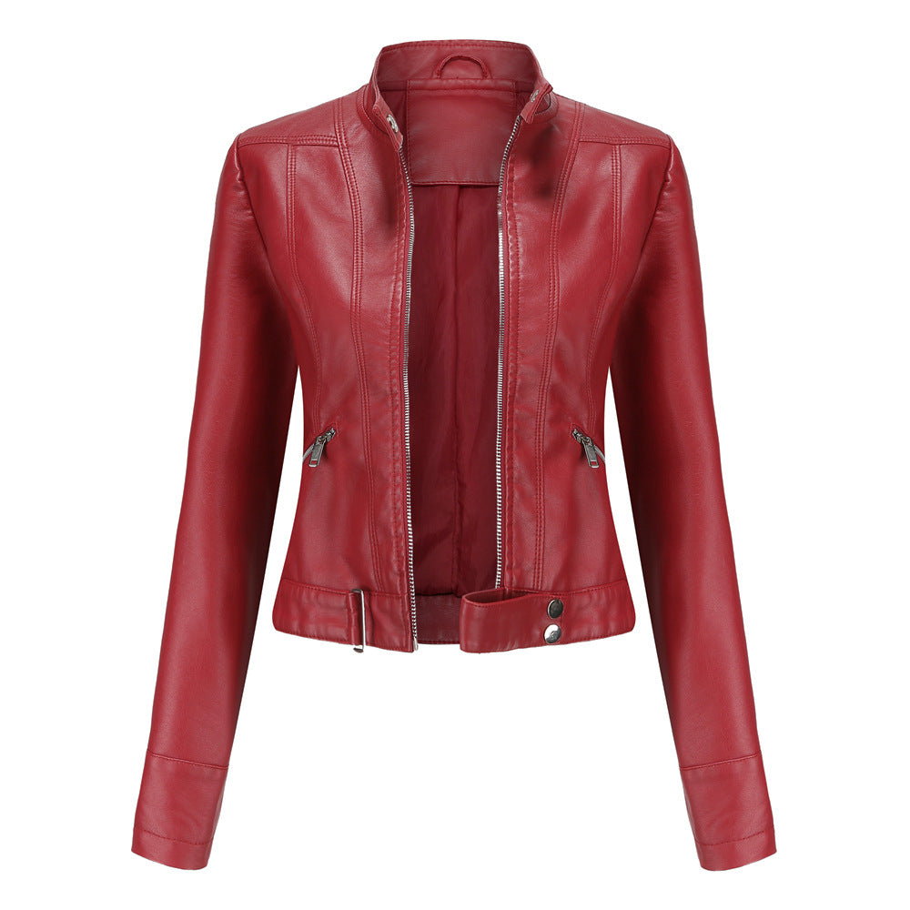 Women's Leather Moto Jacket | Cropped Biker Style | Faux Leather & Adjustable Waist Belt | Versatile Outerwear