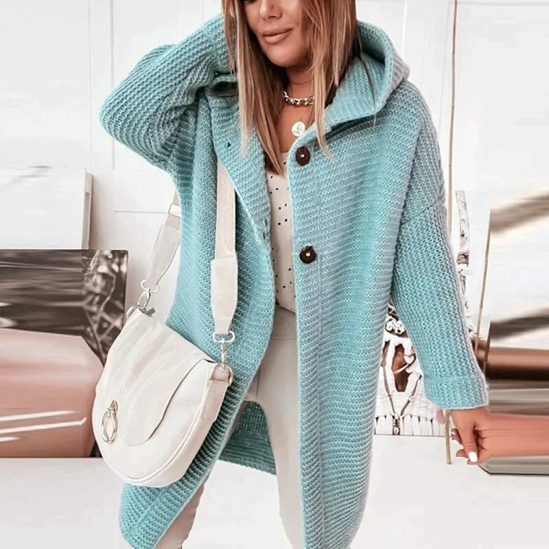 Women’s Hooded Long Knit Cardigan | Oversized Cozy Knit | Buttoned Front | Comfortable Fit