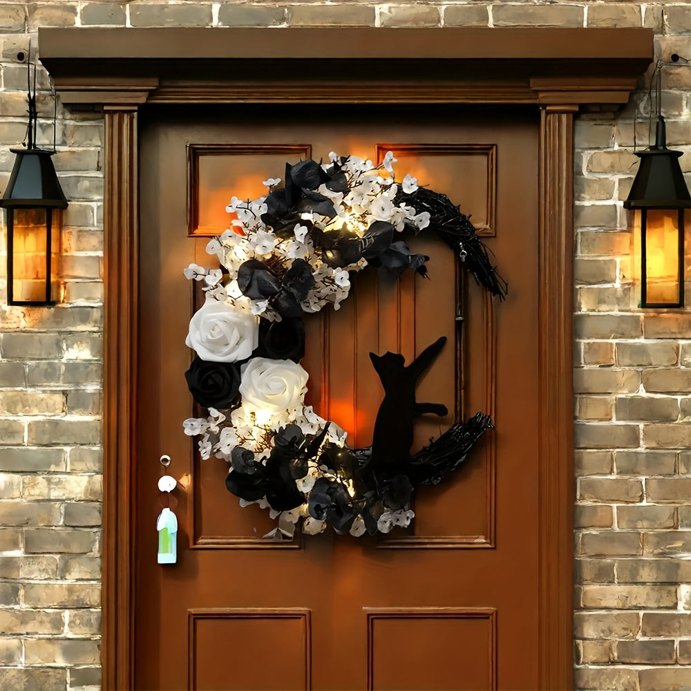 Halloween Cat and Moon Door Wreath with Real Floral Accents, Outdoor Durable