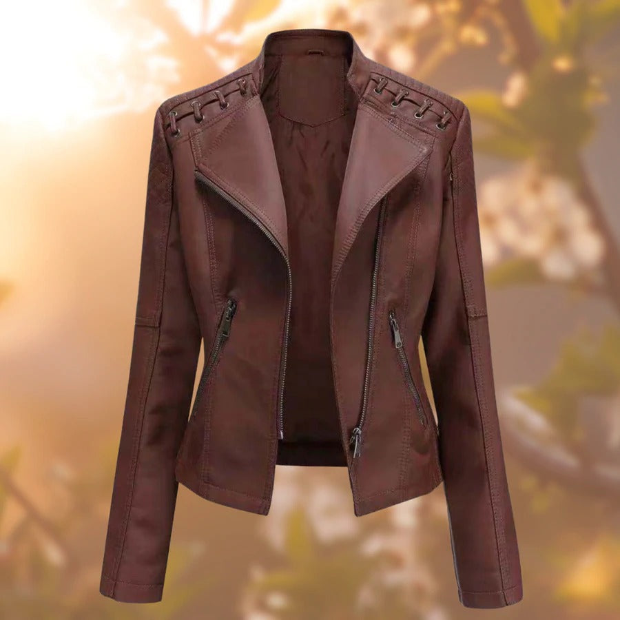 Women’s PU Leather Biker Jacket | Shoulder Lace-Up Detail | Asymmetric Zipper | Wind-Resistant Outerwear