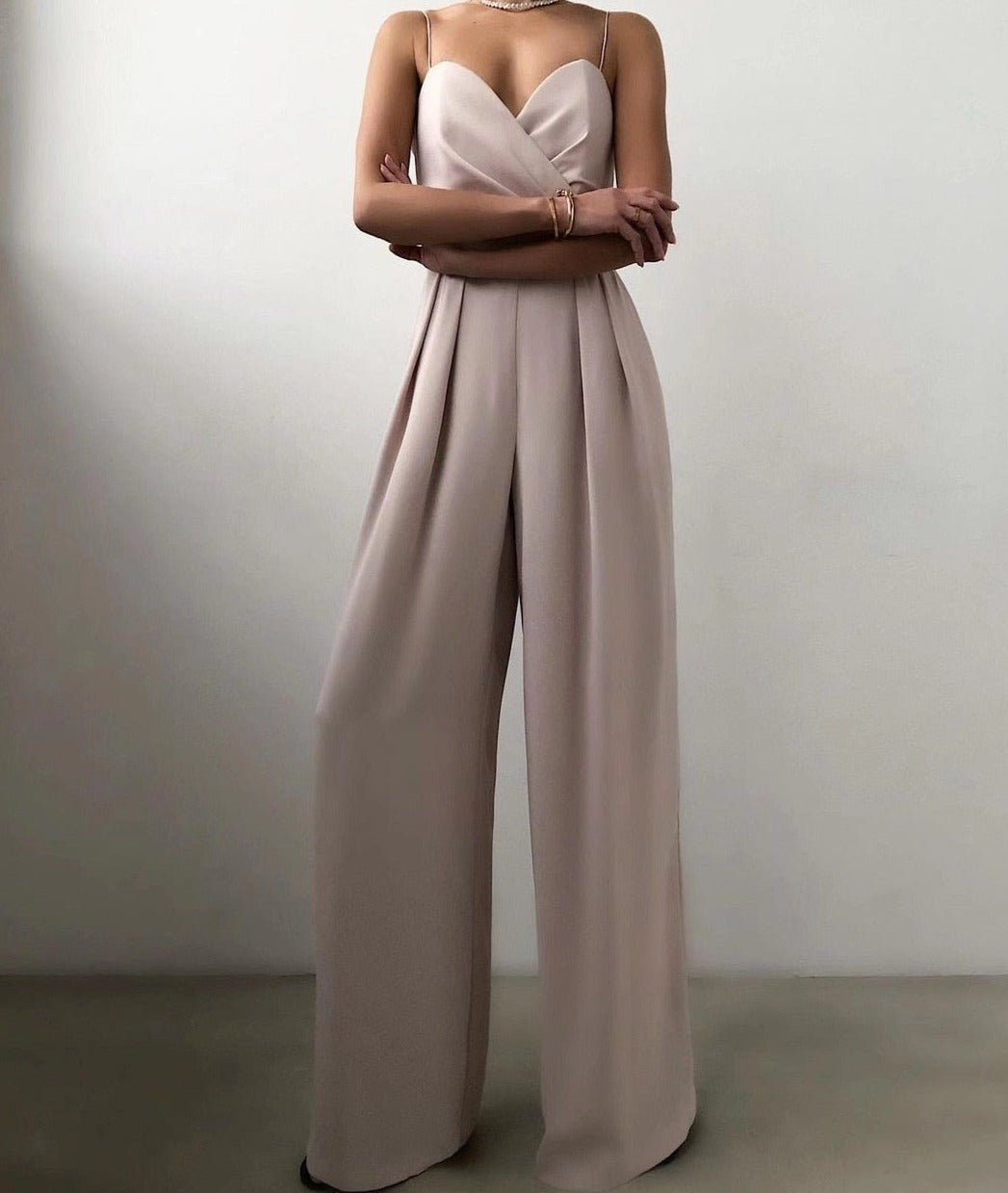 Women’s Wide-Leg Jumpsuit | Wrap-Front Bodice & Spaghetti Straps | Cotton Blend | Elegant Fit