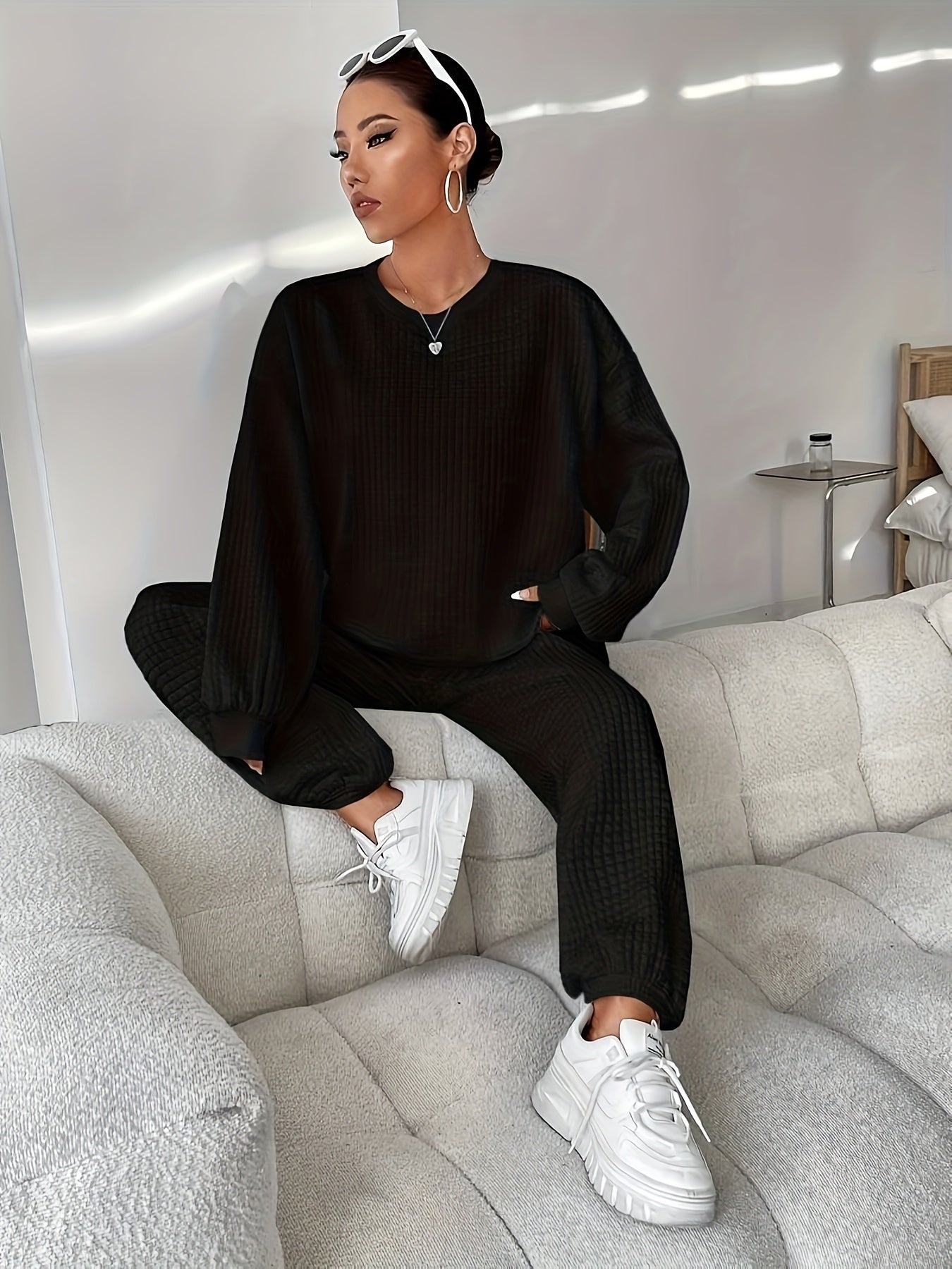 Waffle Knit Lounge Set | Relaxed Fit | Soft Stretch Comfort | Polyester