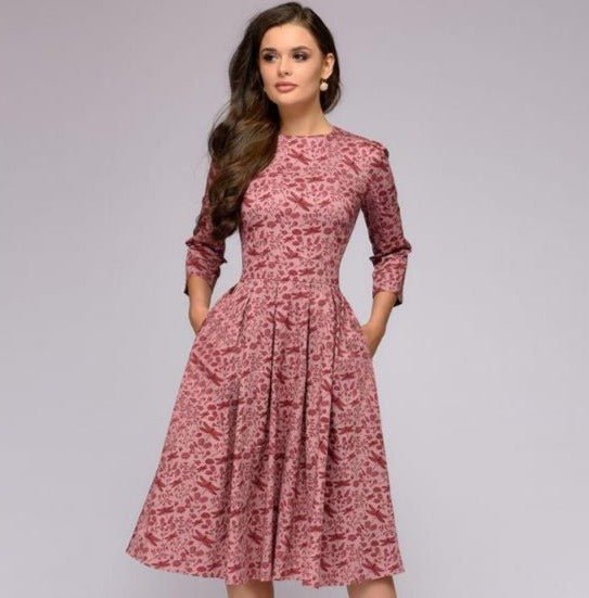 Women's Midi Dress | Retro-Inspired Puffy 3/4 Sleeves | Figure-Hugging Slim Waist | Versatile Occasion Wear
