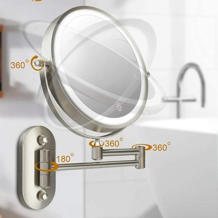 Wall-Mounted LED Magnifying Vanity Mirror | Adjustable Arm & Rechargeable LED Light | Chrome Silver & Stainless Steel | Space-Saving Design