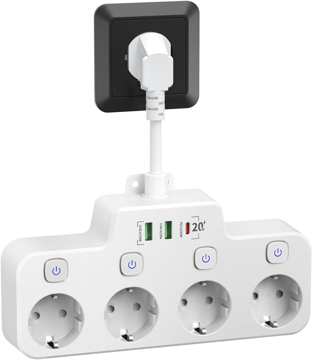 Power Strip for Wall Mounting - 2 USB A Ports & 1 USB C Port with Swit