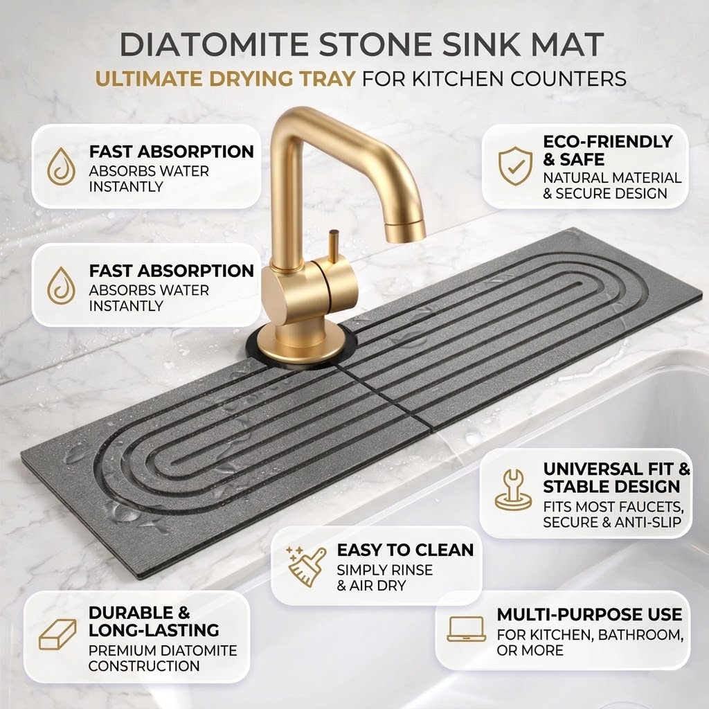 Eco-Friendly Diatomite Sink Mat with Drip Tray for Kitchen Use