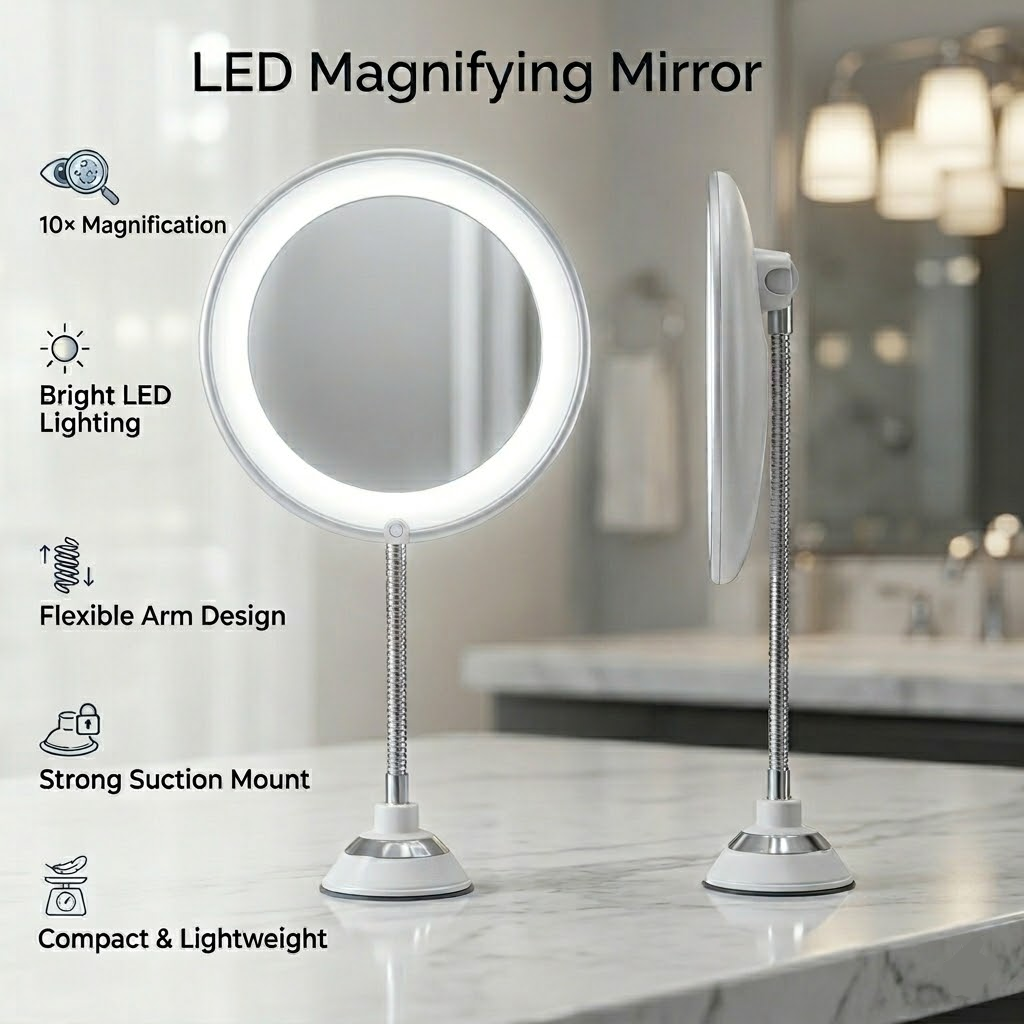 Illuminated Magnifier Mirror with Adjustable Arm for Grooming