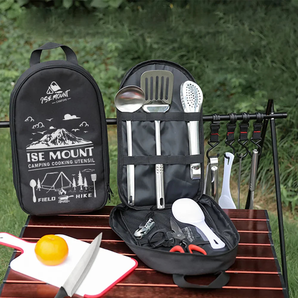9-Piece Outdoor Cooking Set in Storage Bag – Stainless Steel Camping Cookware