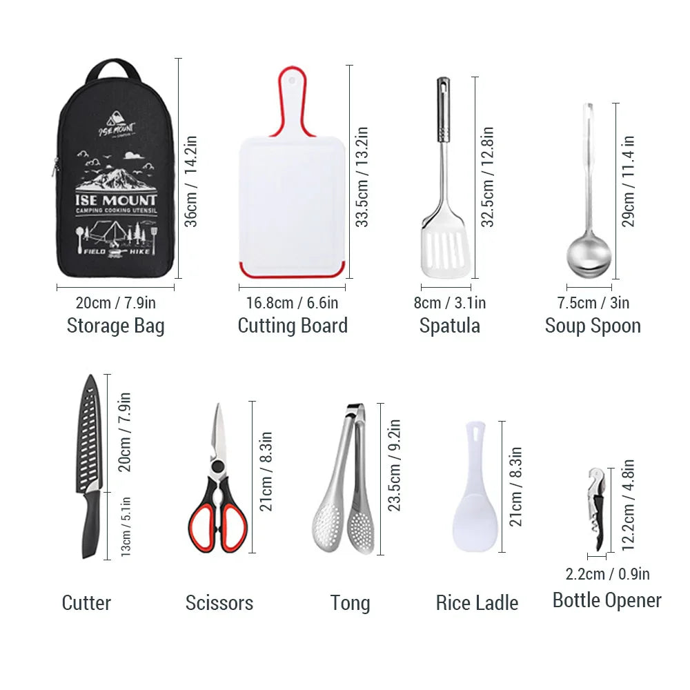 9-Piece Outdoor Cooking Set in Storage Bag – Stainless Steel Camping Cookware