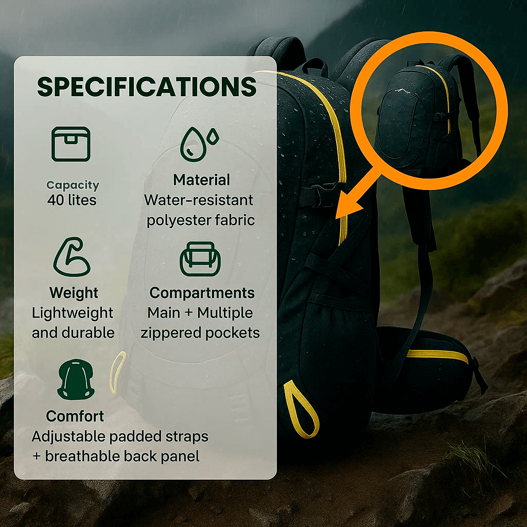 Lightweight 40L Hiking Backpack - Waterproof and Ergonomic Design for Outdoor Use