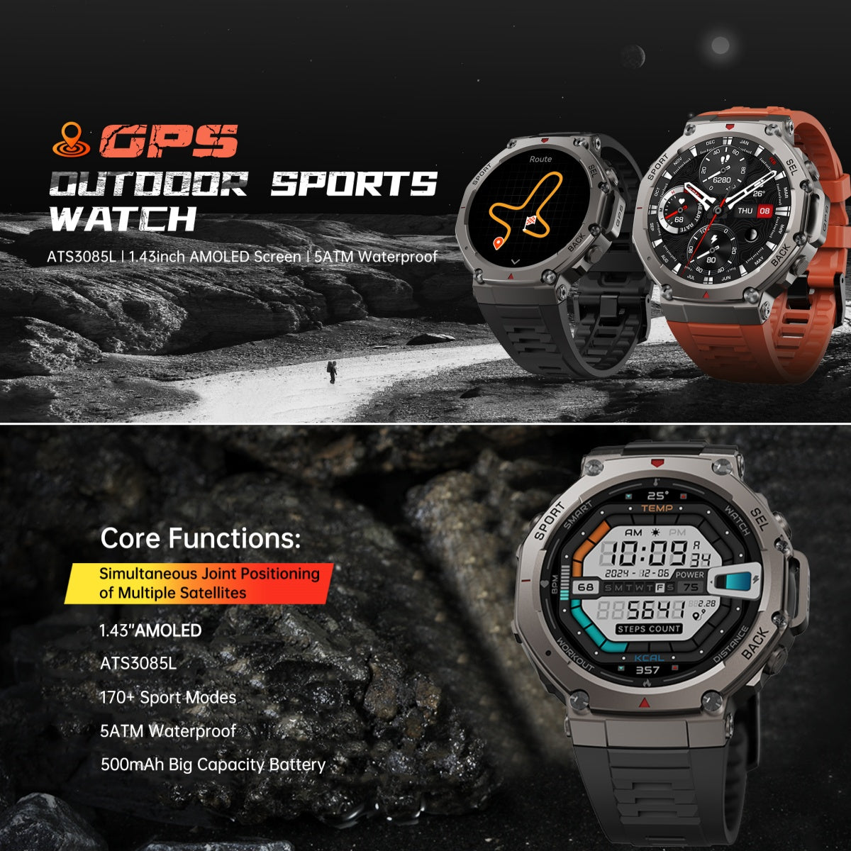 Rugged Outdoor GPS Smartwatch – 5 ATM Waterproof for Adventurers